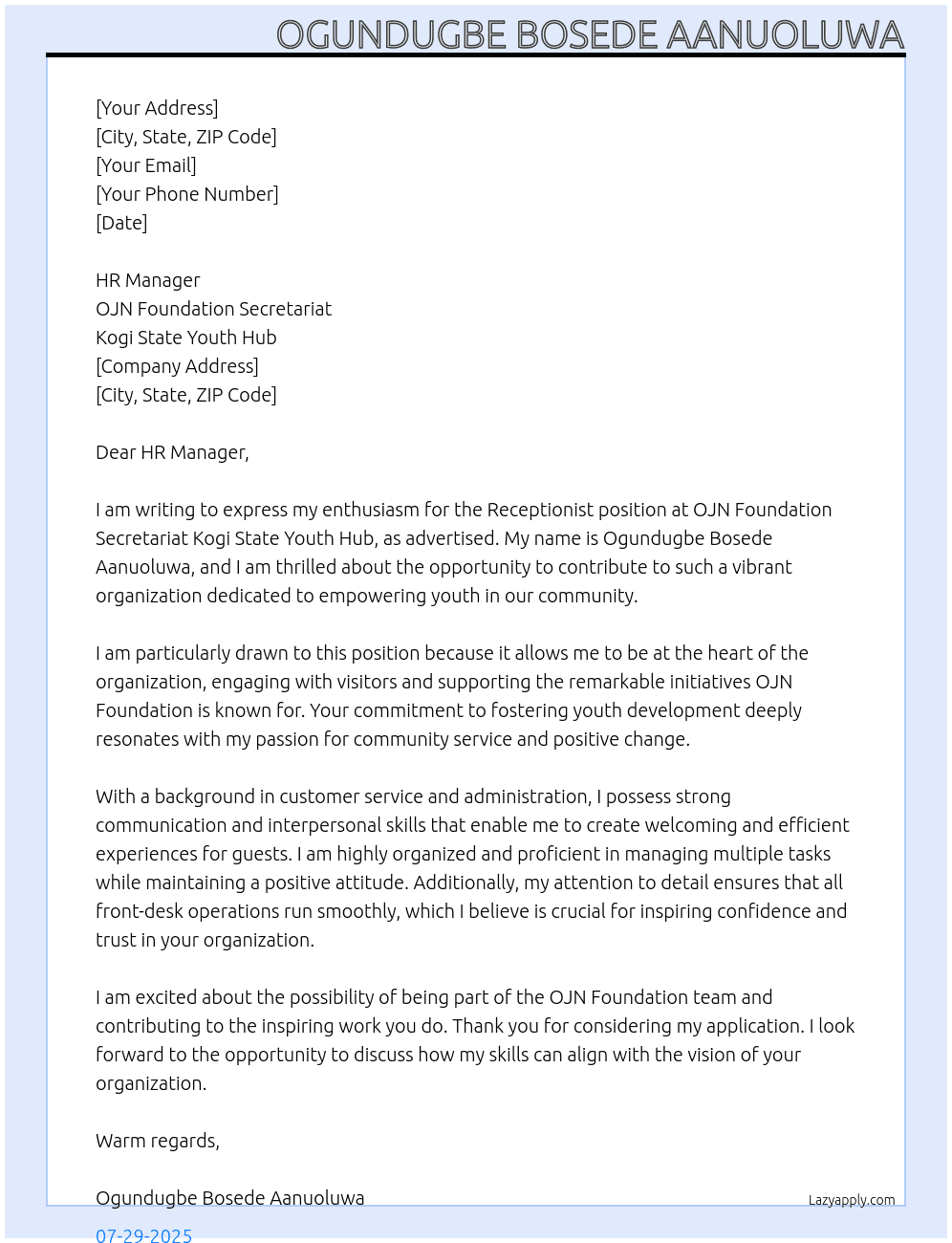Receptionist At OJN FOUNDATION SECRETARIAT KOGI STATE YOUTH HUB Cover Letter