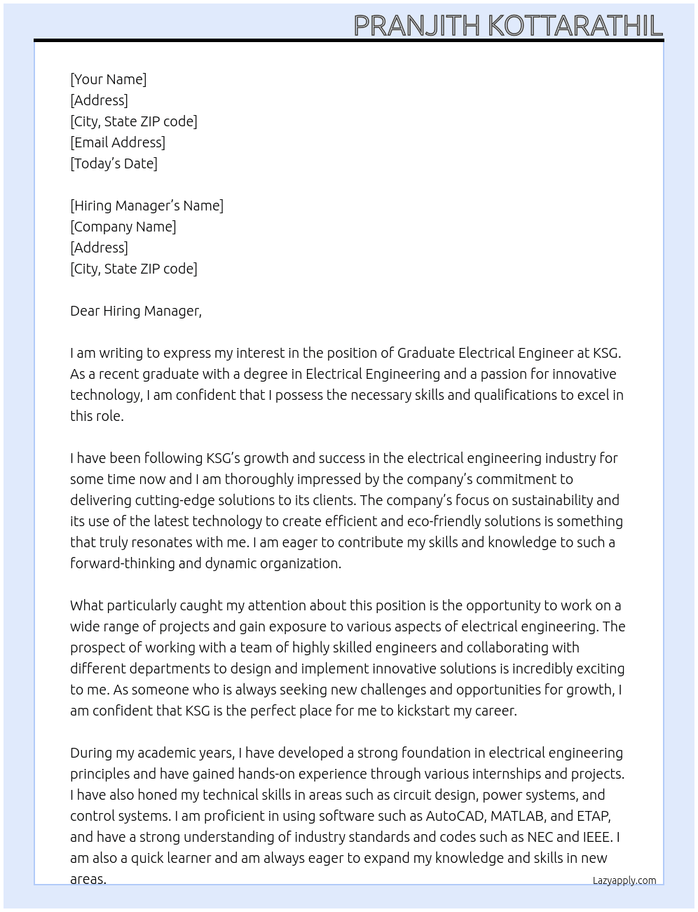 Graduate Electrical Engineer At KSG Cover Letter