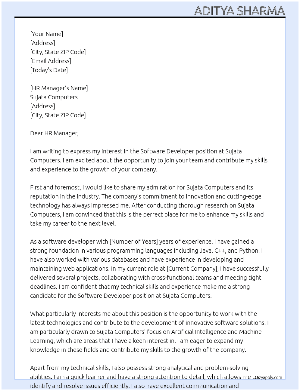 Software Developer At Sujata Computers Cover Letter