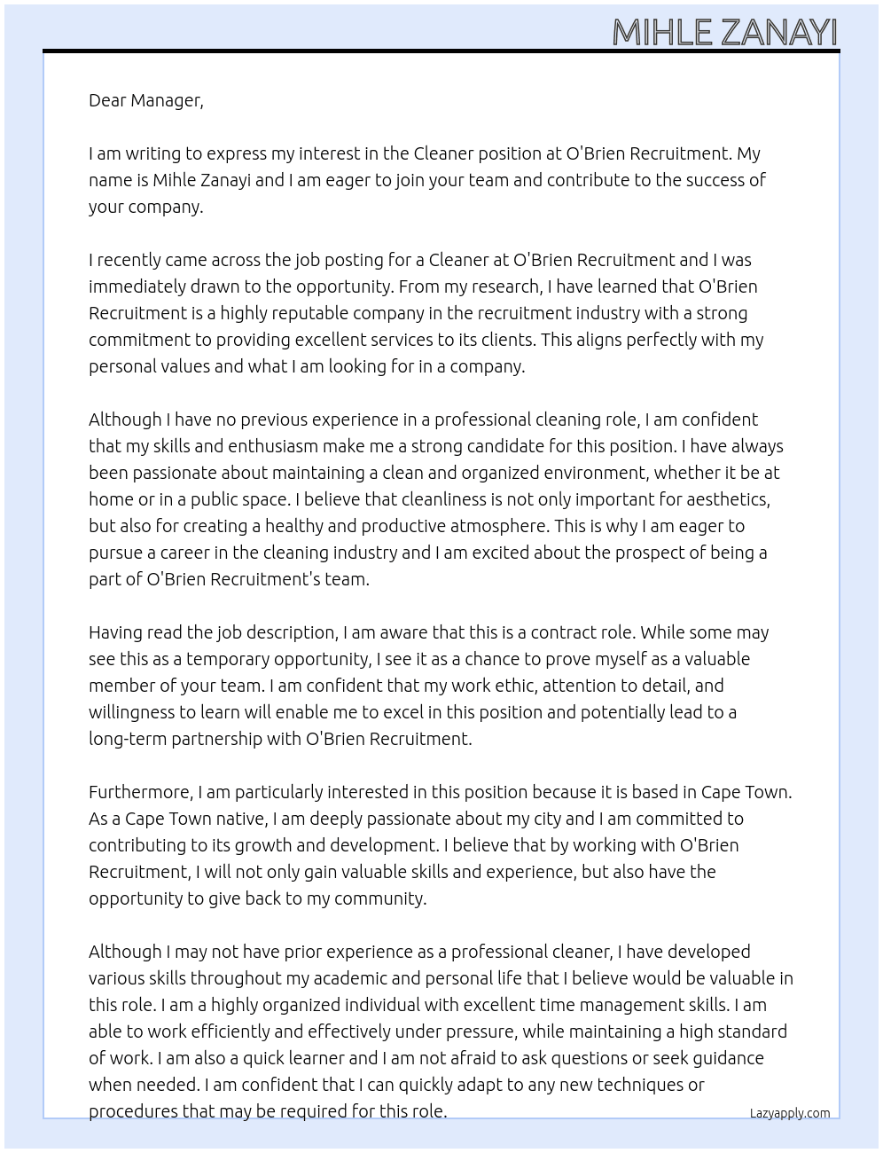 cleaner At O'Brien Recruitment Cover Letter