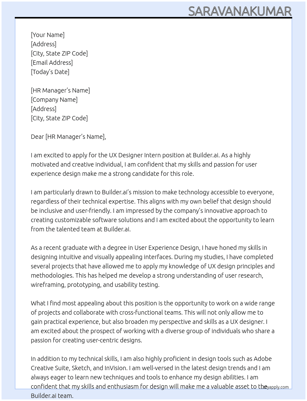 UX Designer Intern  At Builder.ai Cover Letter