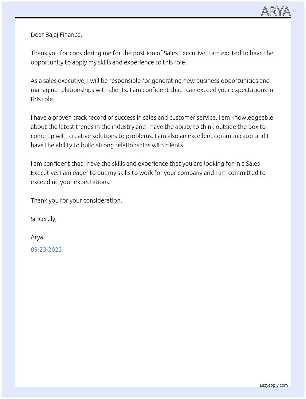 Sales executive  At Bajaj Fiance  Cover Letter