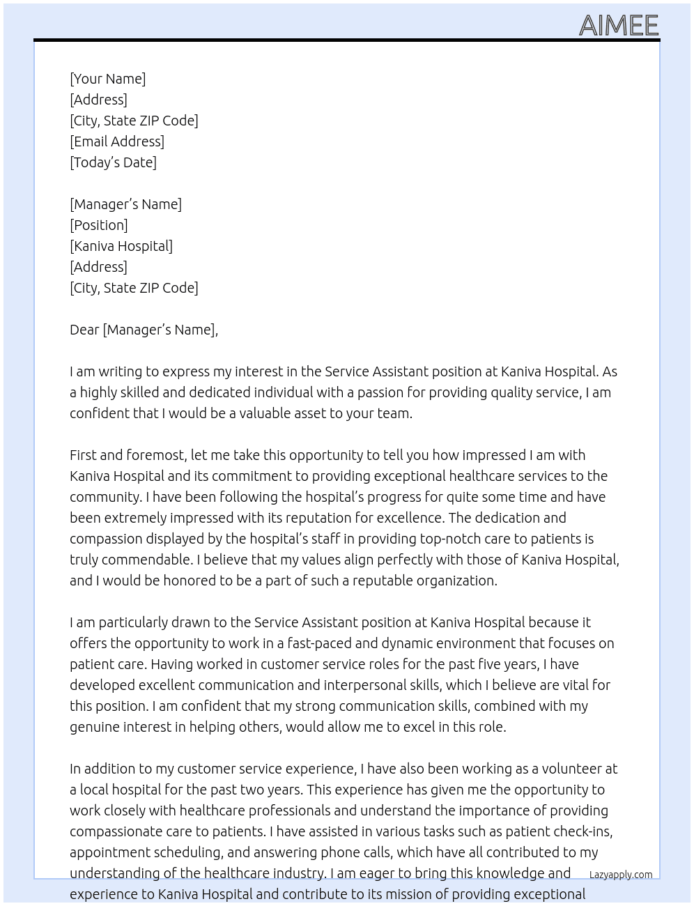 service assistant At Kaniva Hospital Cover Letter