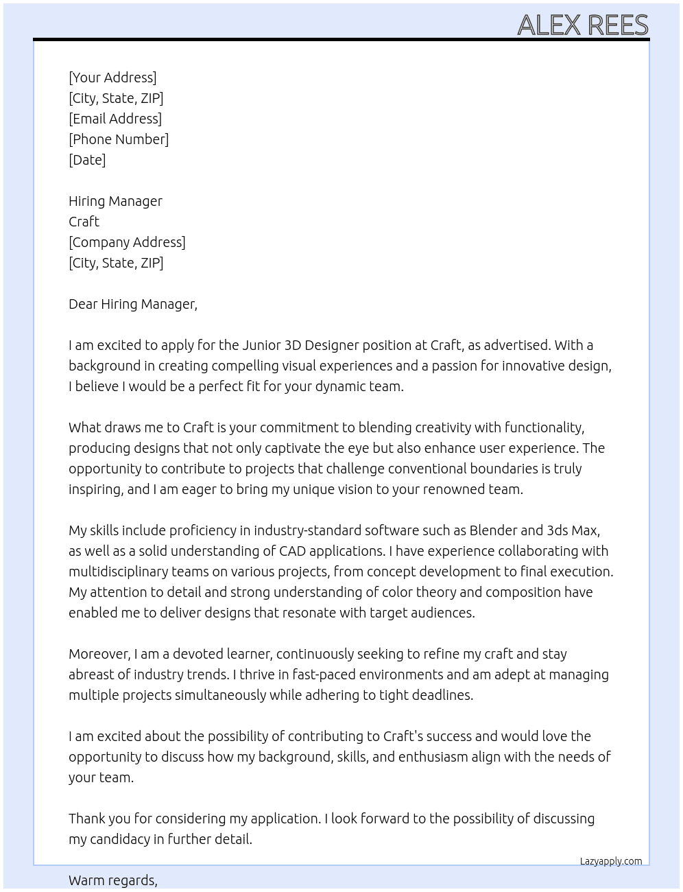 Cover letter for junior 3d designer - LazyApply