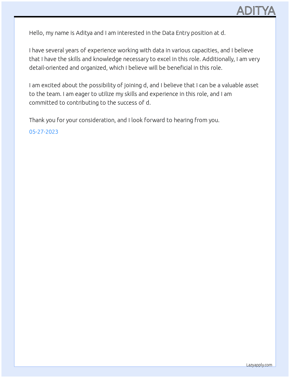 Data ENtry At d Cover Letter
