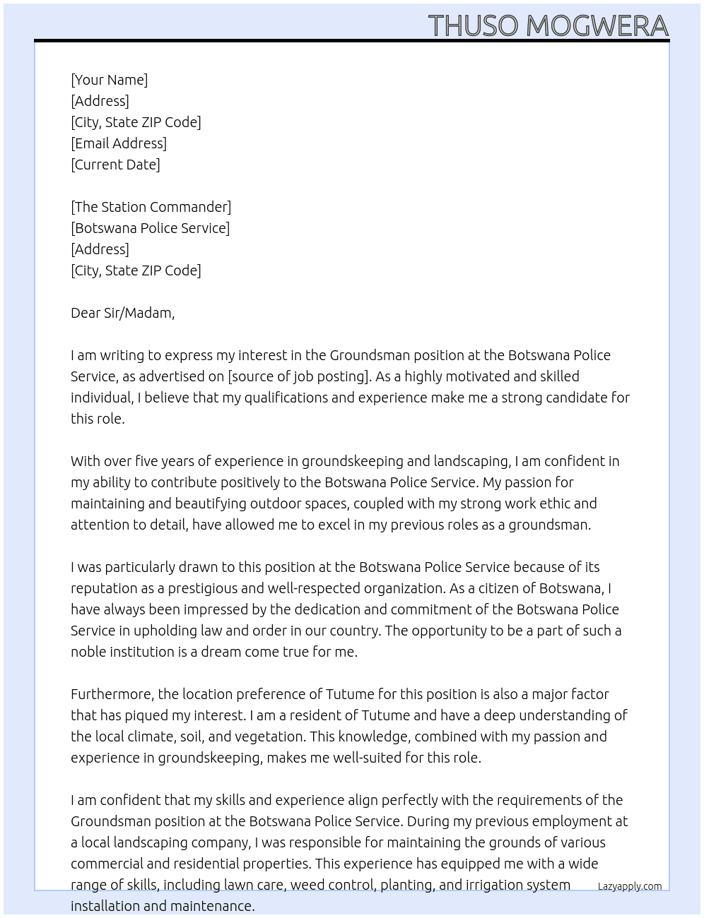 Groundsman At Botswana Police Service  Cover Letter
