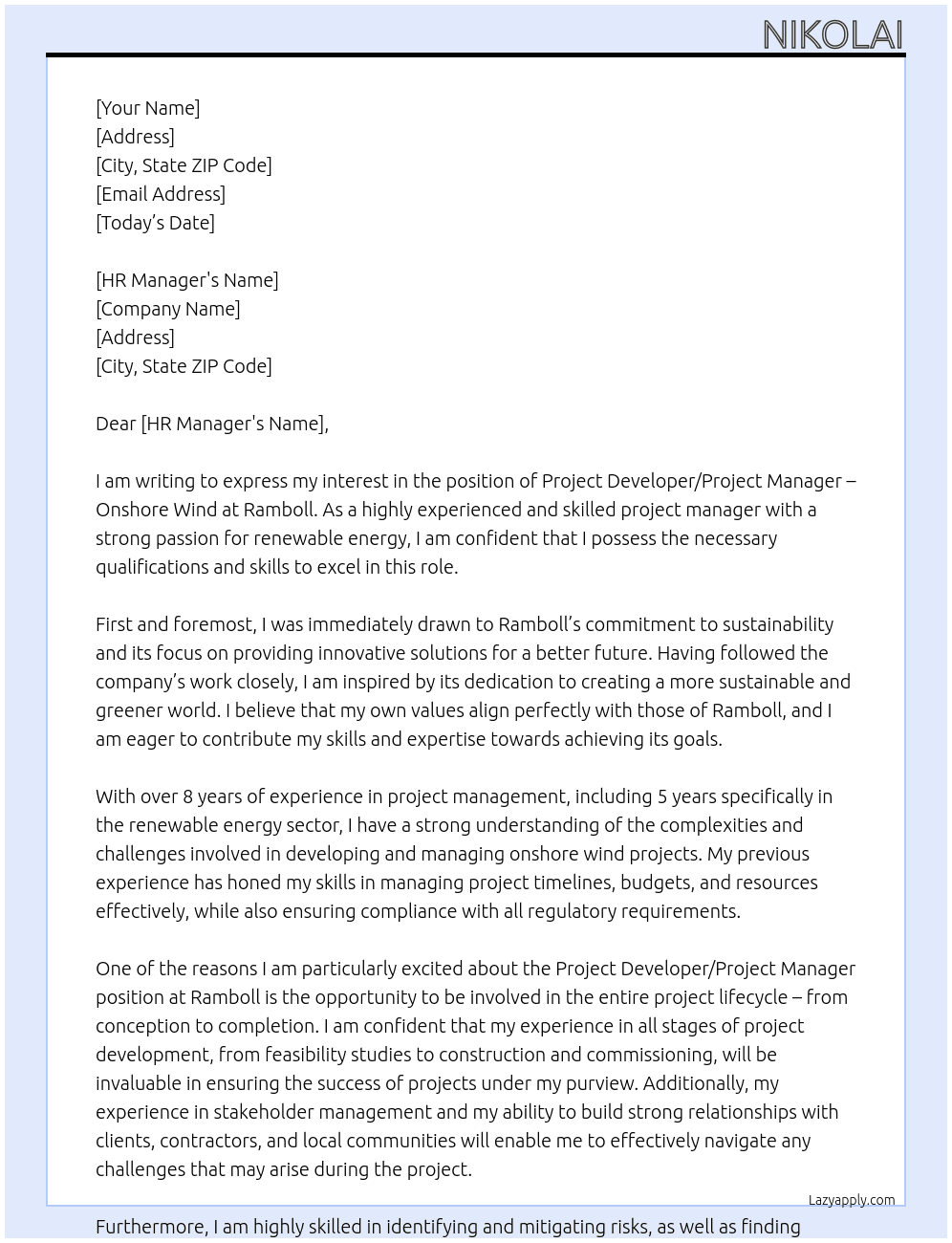 roject Developer / Project Manager – Onshore Wind At Ramboll Cover Letter