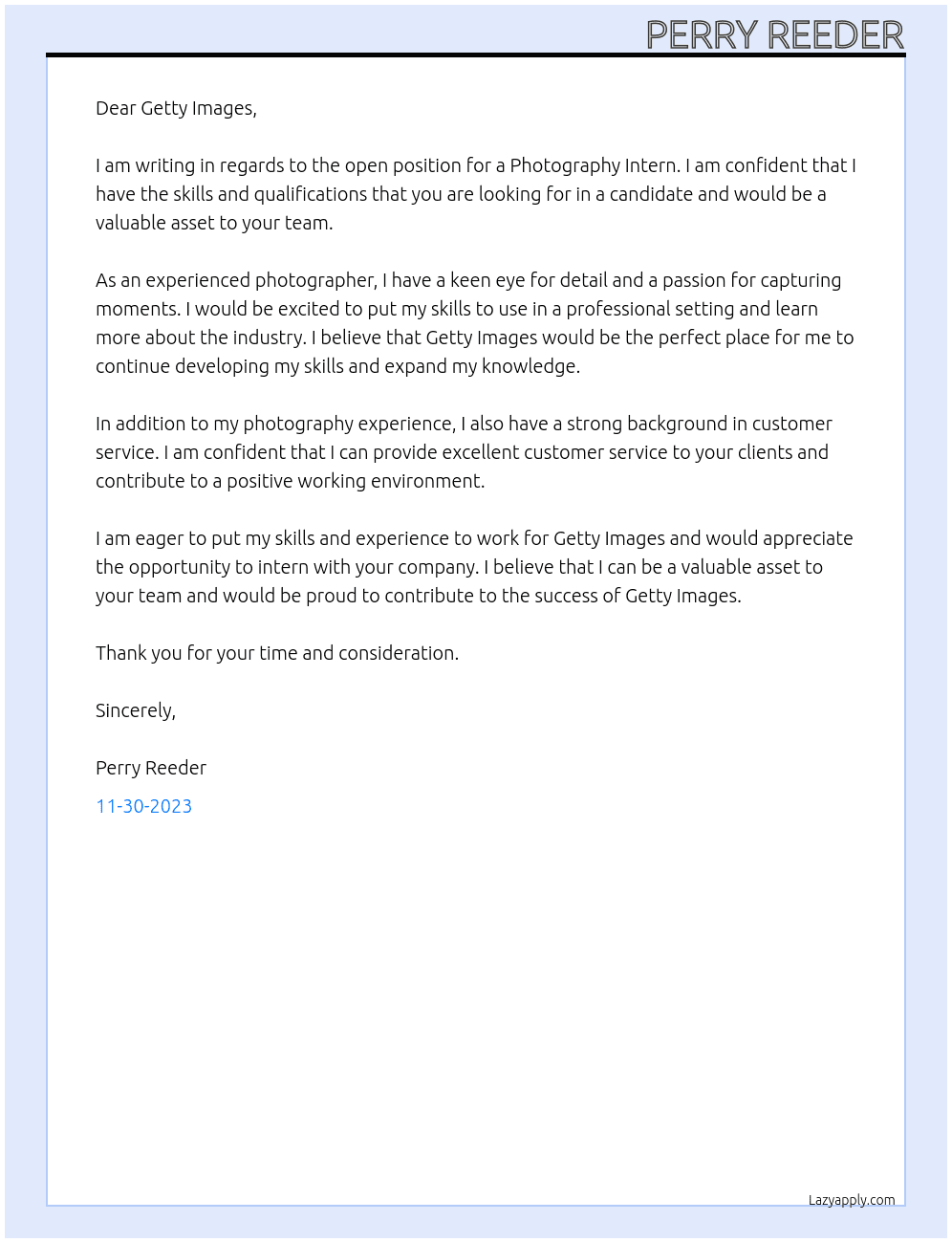Photography Intern At Getty Images Cover Letter