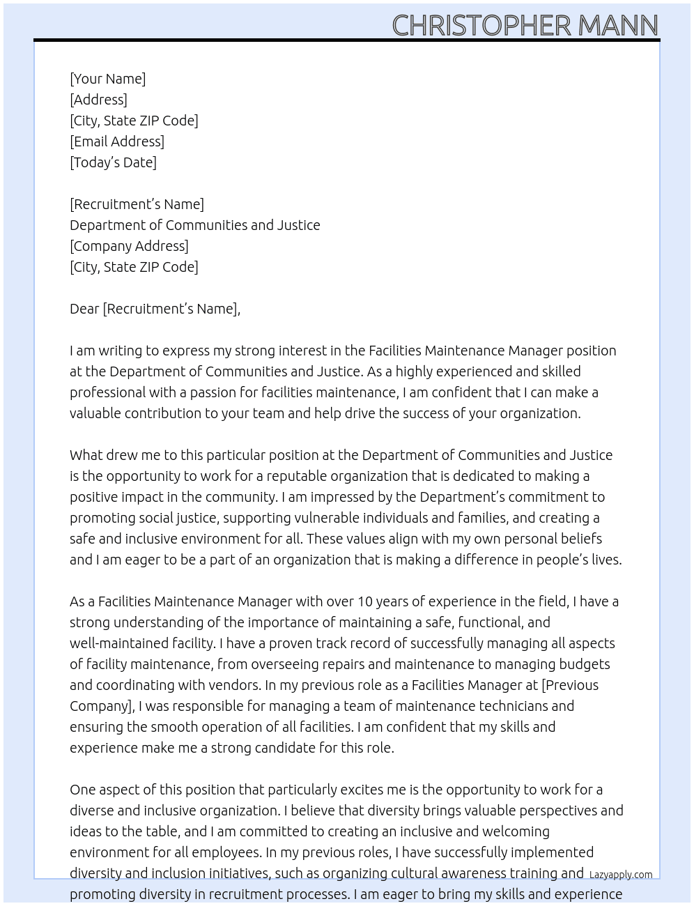 Facilities Maintenance Manager At Department of Communities and Justice Cover Letter