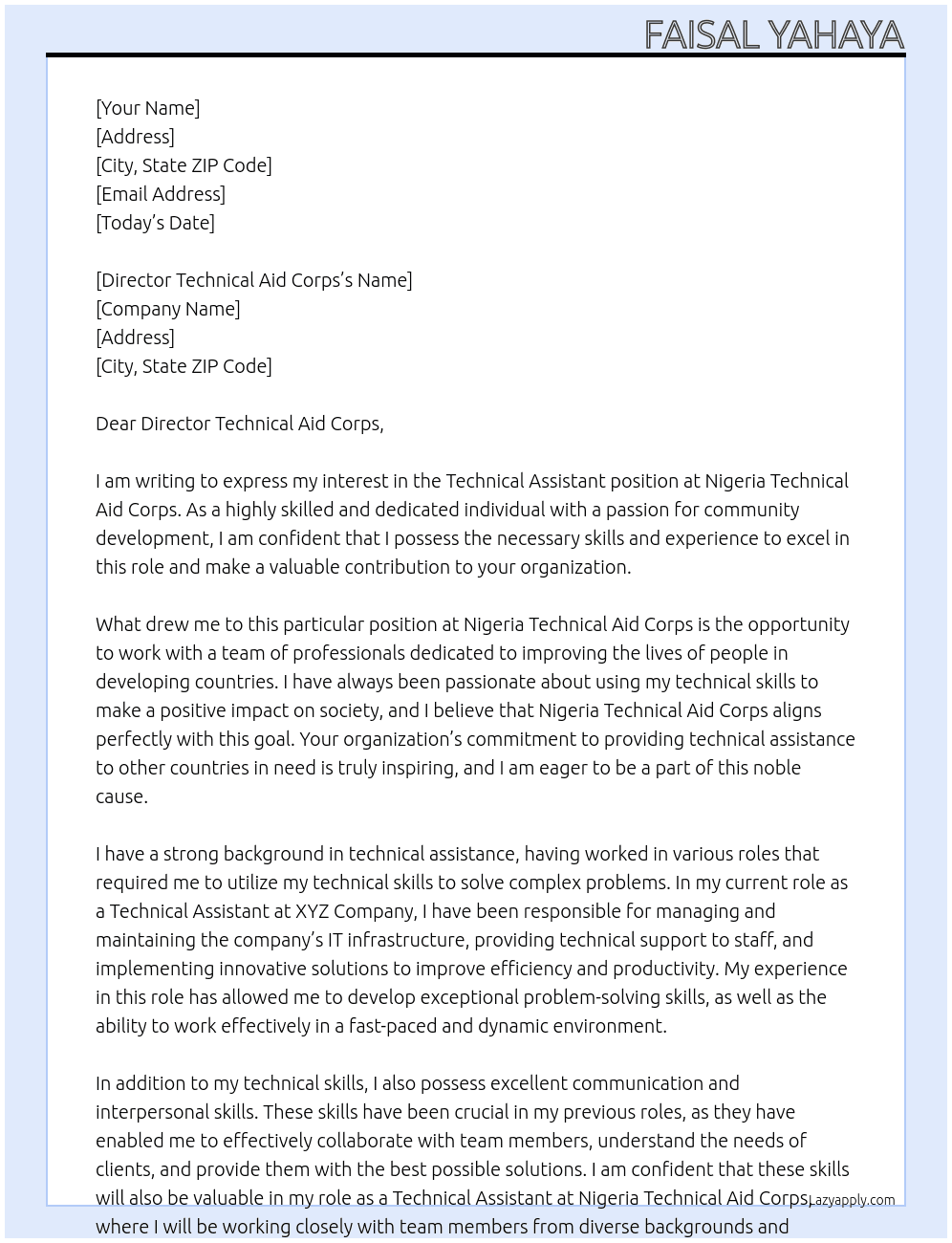 Technical assistant  At Nigeria technical aid corps  Cover Letter