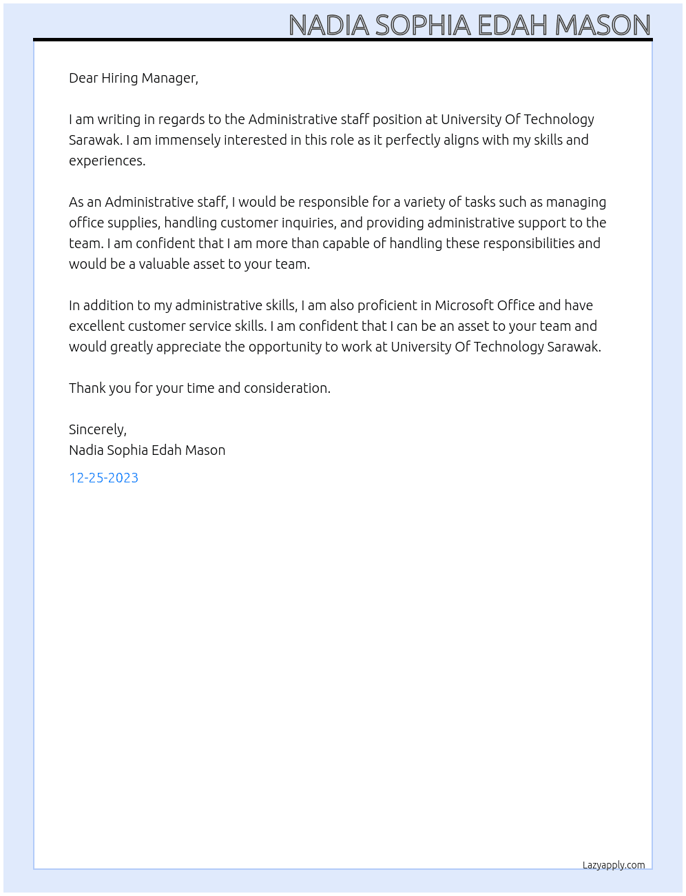 Administrative staff At University Of Technology Sarawak Cover Letter
