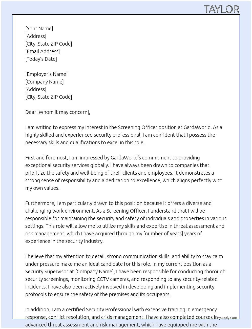 Screening Officer At GardaWorld Cover Letter