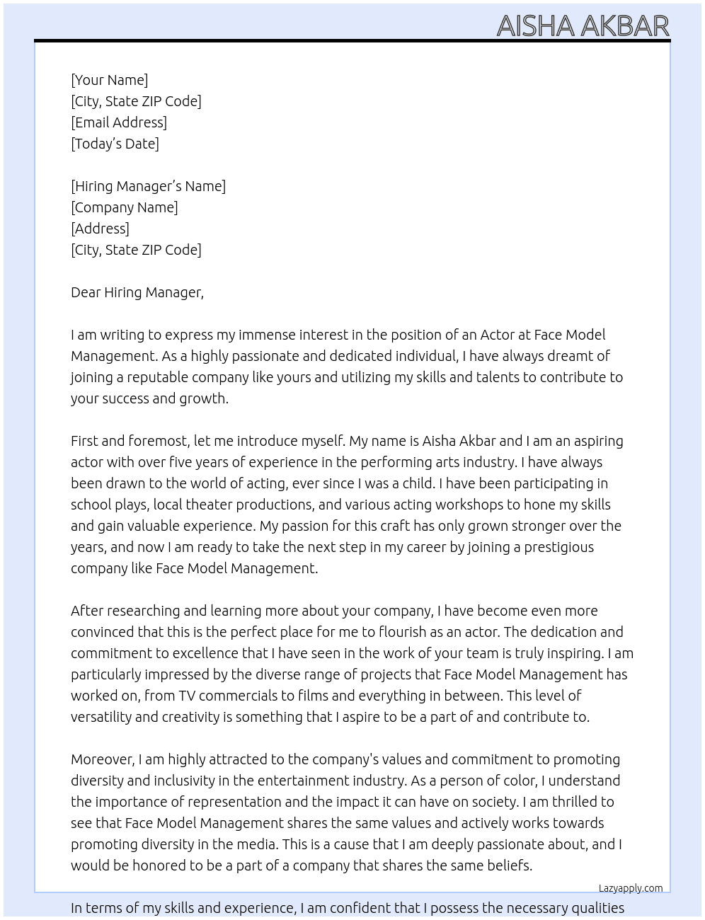 Actor At Face Model Management Cover Letter