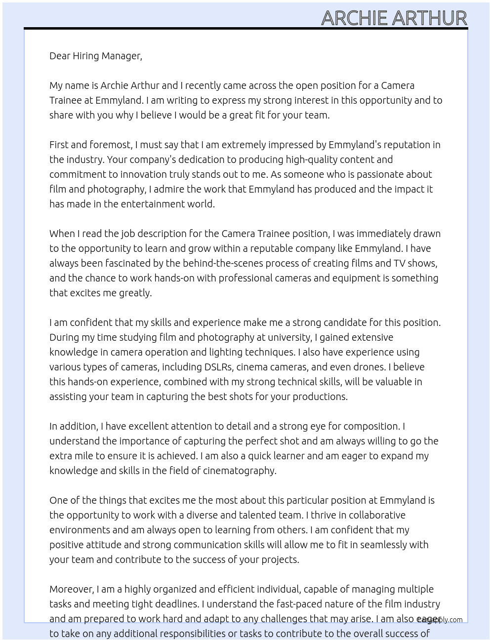 Camera Trainee At Emmyland Cover Letter