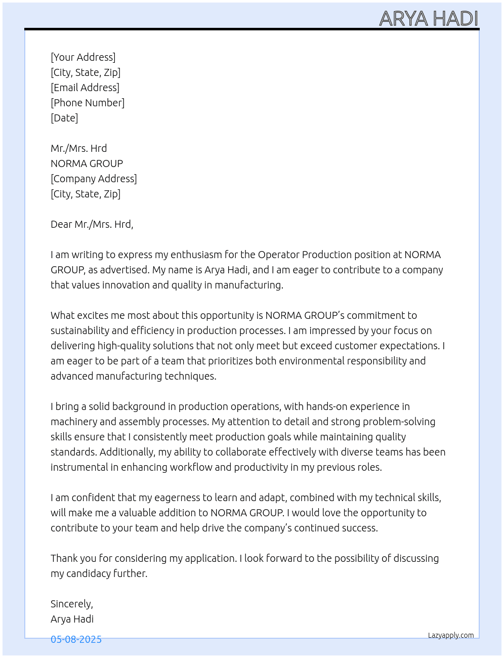 Operator production At NORMA GROUP  Cover Letter