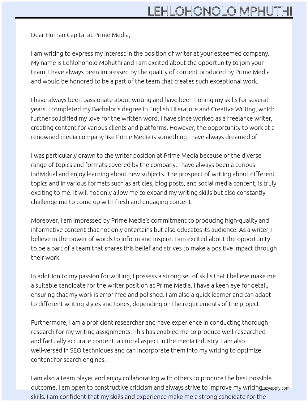 writter  At Prime Media  Cover Letter