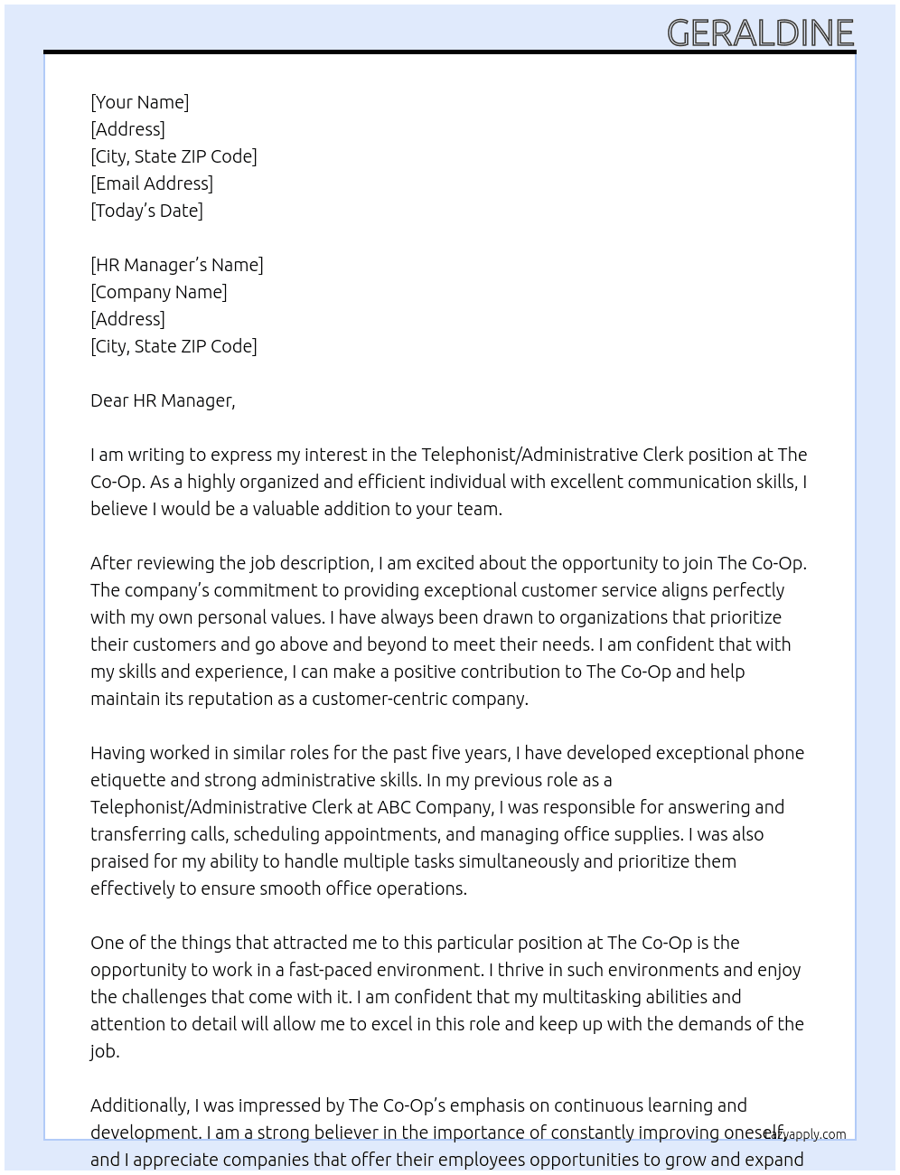 Telephonist/Administrative Clerk At The Co-Op Cover Letter