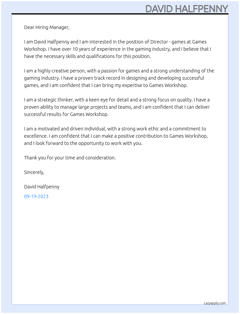 Director - games At Games Workshop Cover Letter