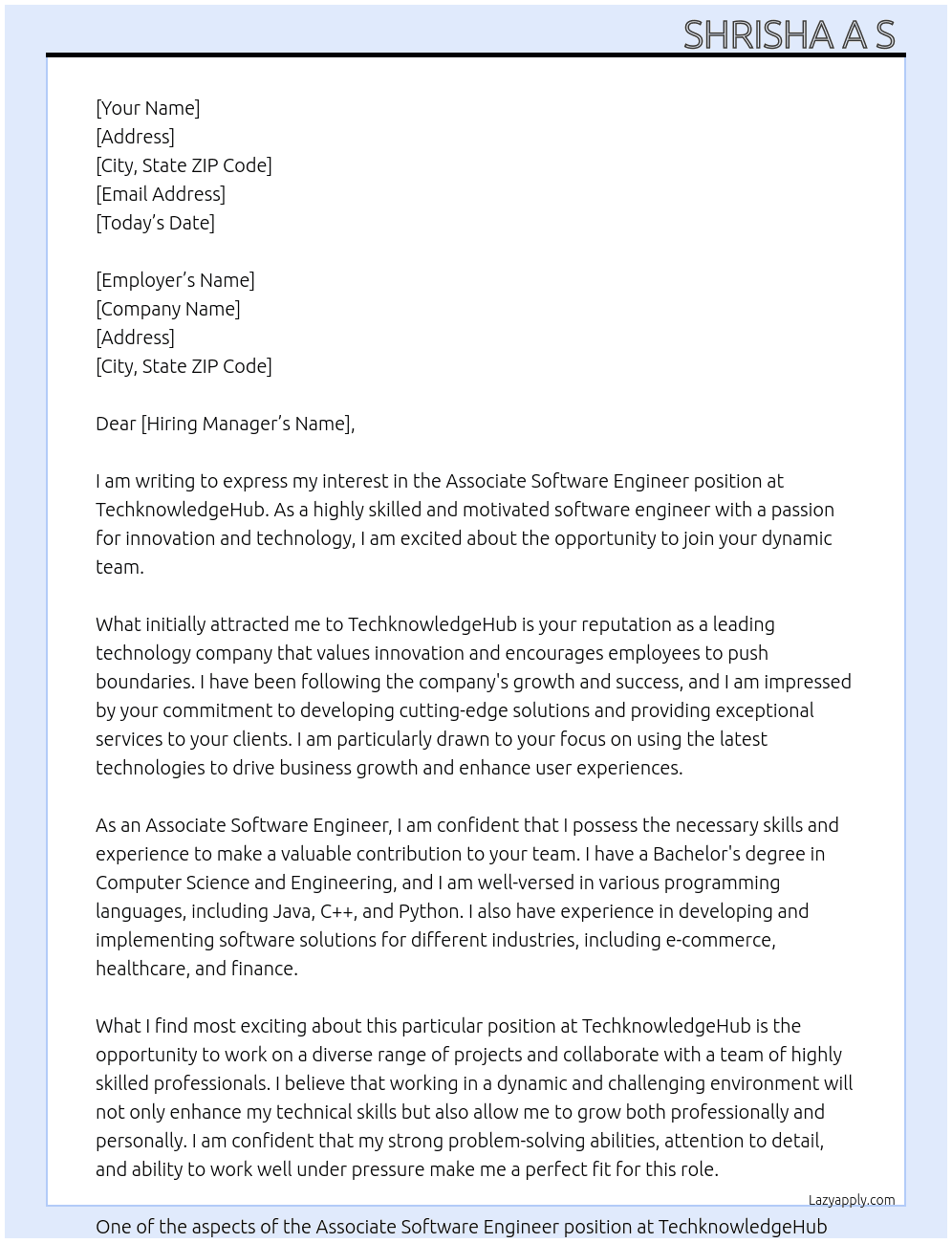 Associate Software Engineer At TechknowledgeHub  Cover Letter