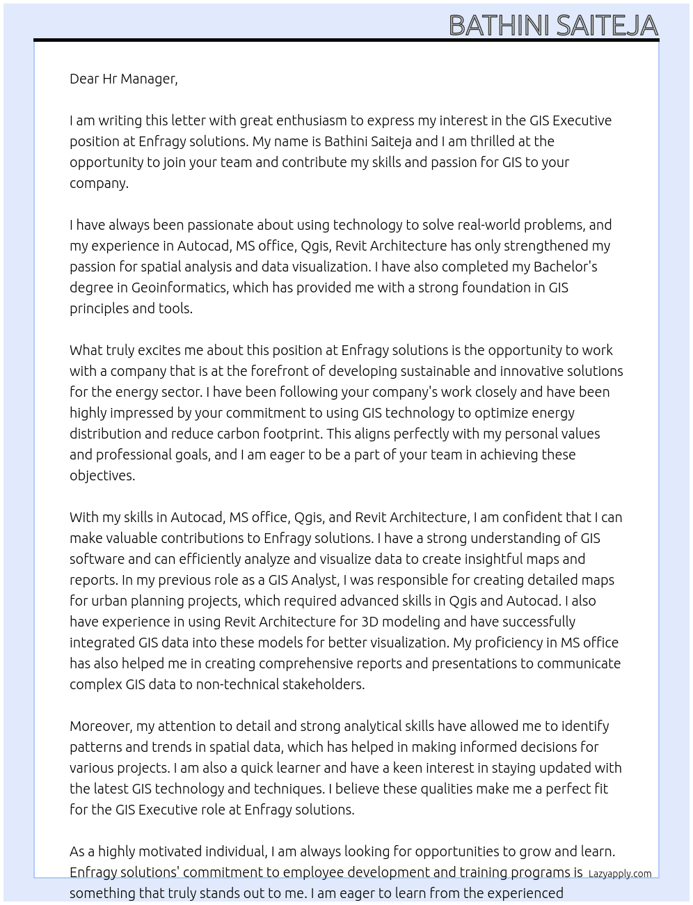 GIS Executive At Enfragy solutions Cover Letter