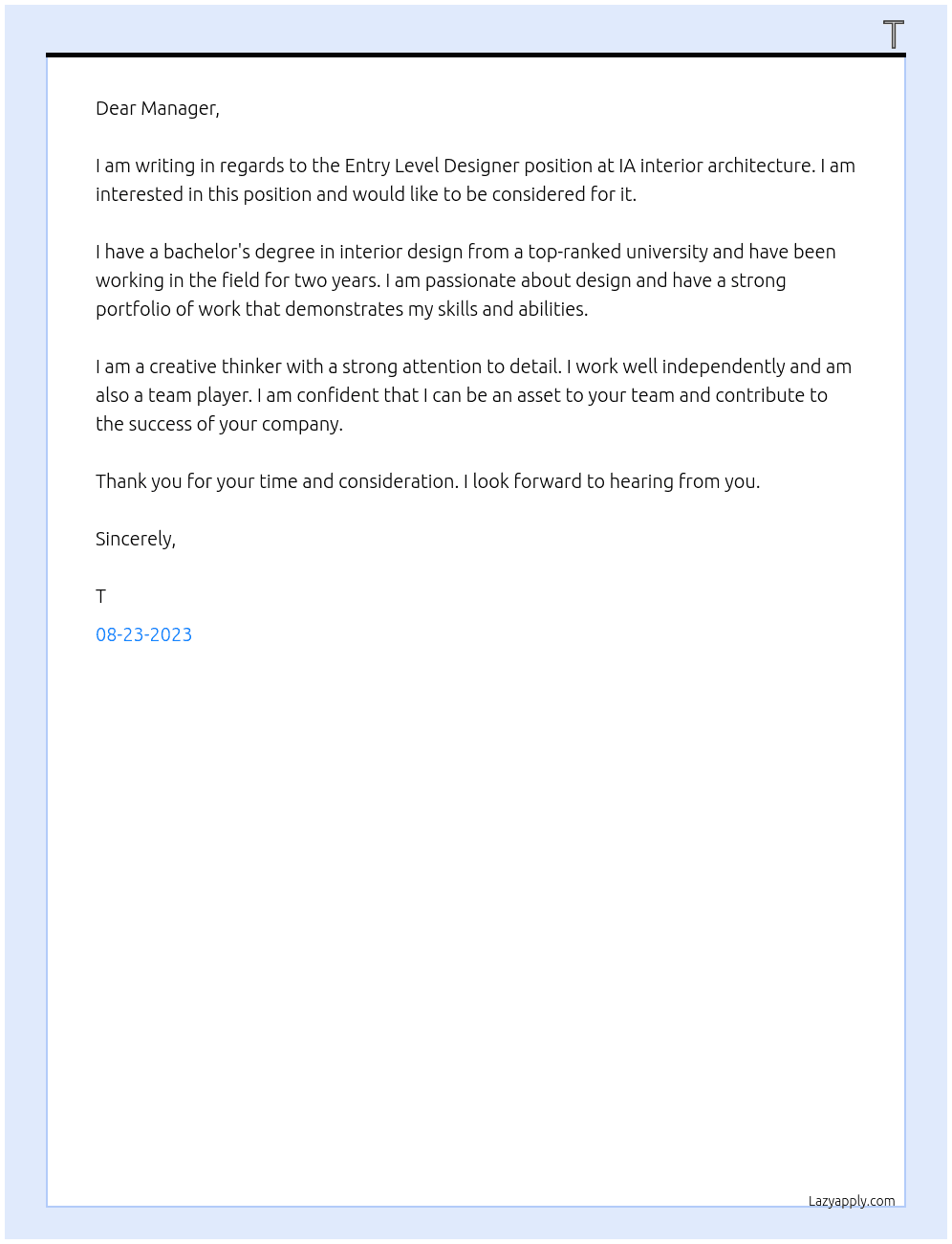 Entry Level Designer At IA interior architecture Cover Letter