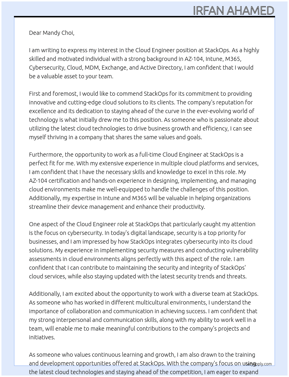 Cloud Engineer  At StackOps Cover Letter