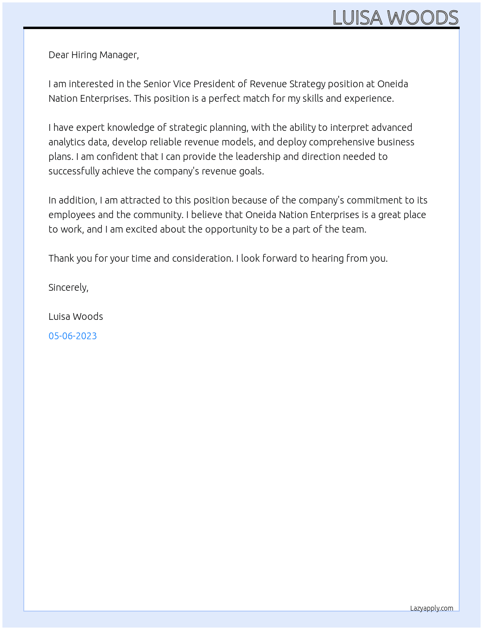 Senior Vice President of Revenue Strategy At Oneida Nation Enterprises Cover Letter