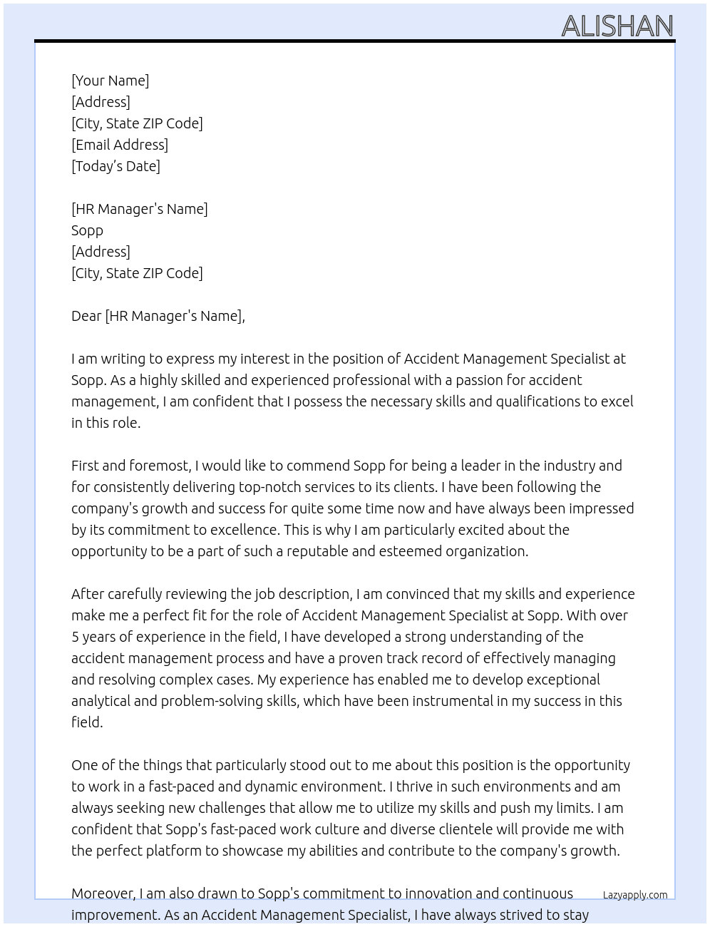 Accident management specialist At Sopp Cover Letter