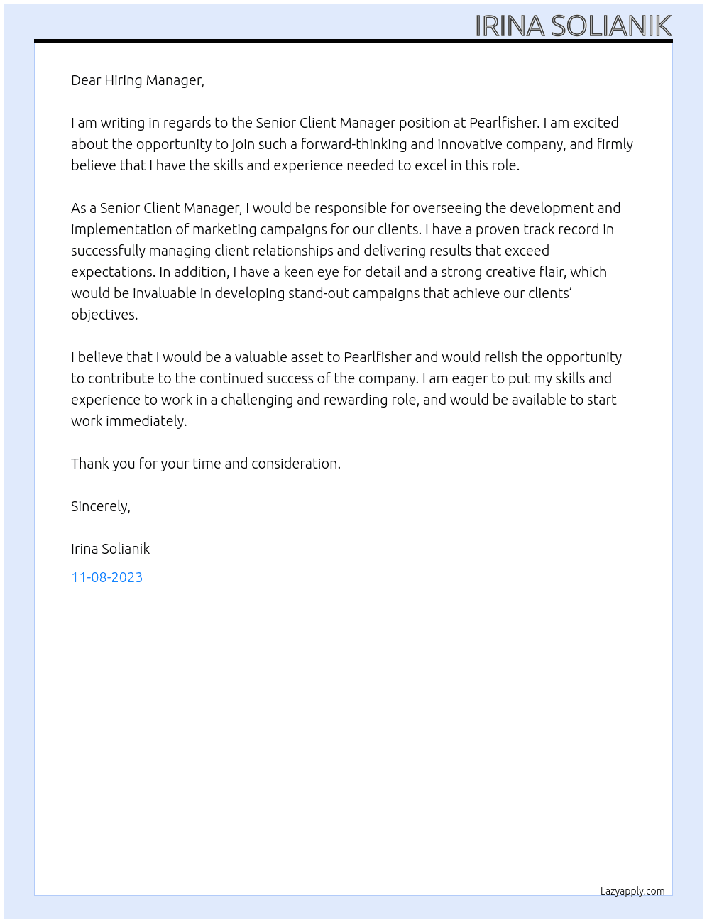 Senior Client Manager At Pearlfisher Cover Letter