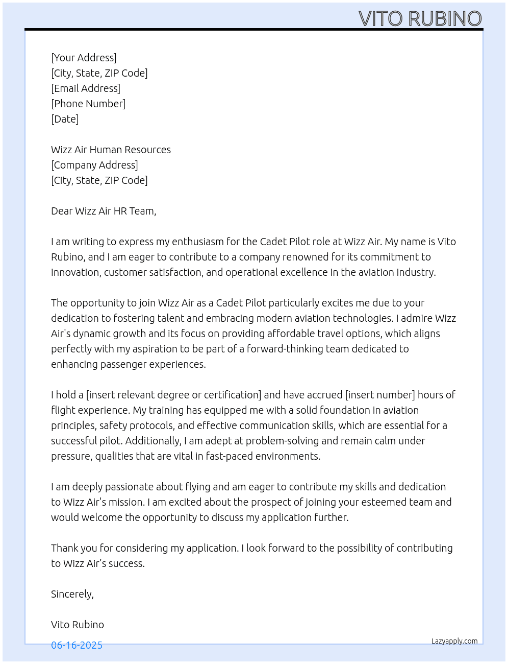 Pilot At Wizz Air Cover Letter