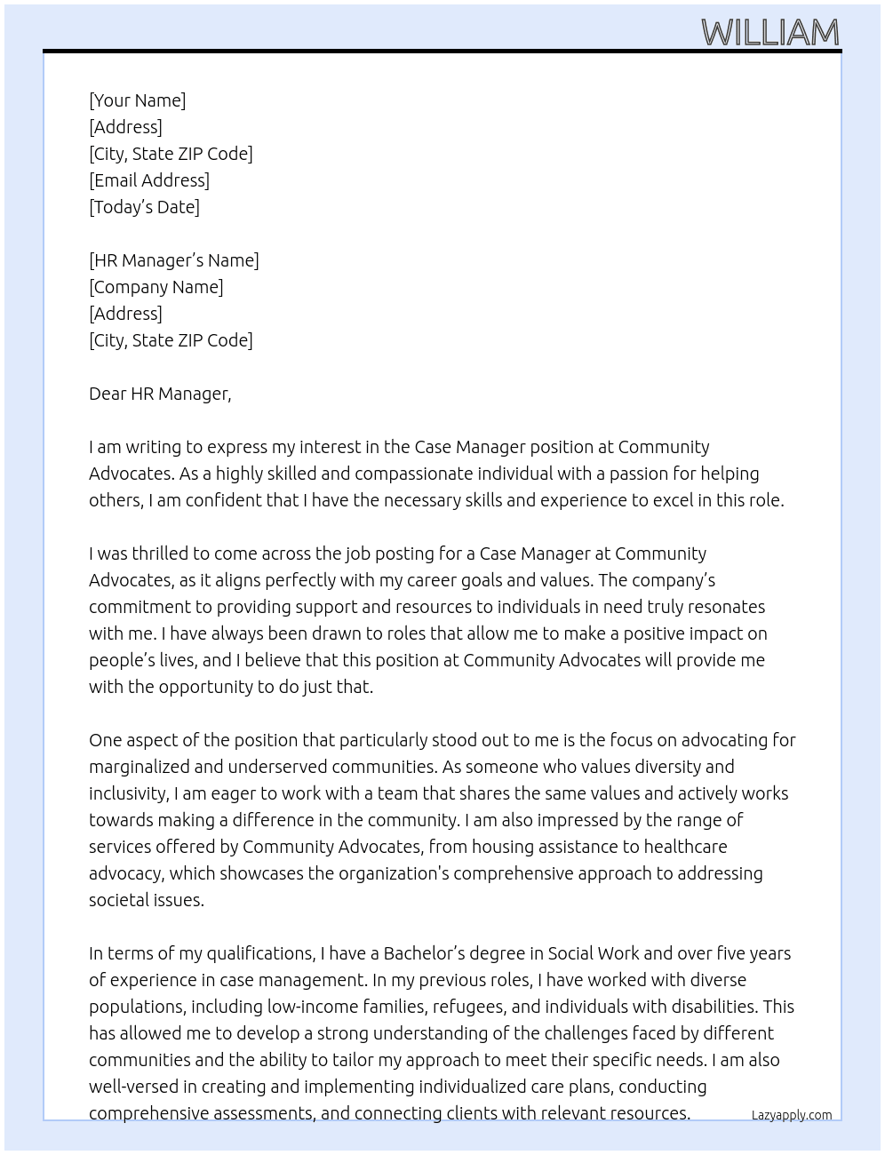 Case Manager At Community Advocates Cover Letter