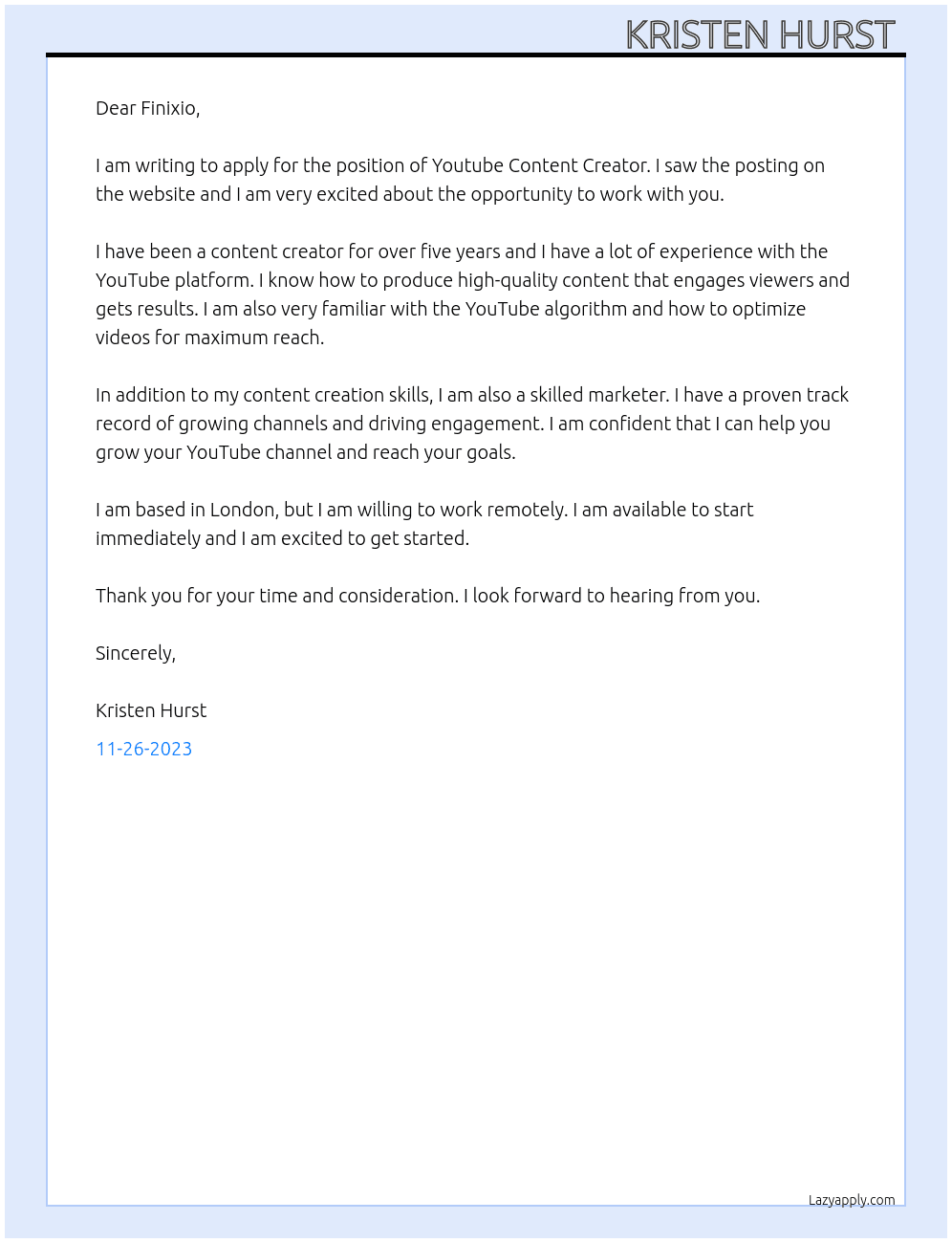 Youtube Content Creator At Finixio Cover Letter