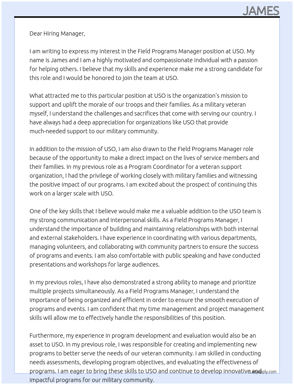 Field Programs Manager At USO Cover Letter