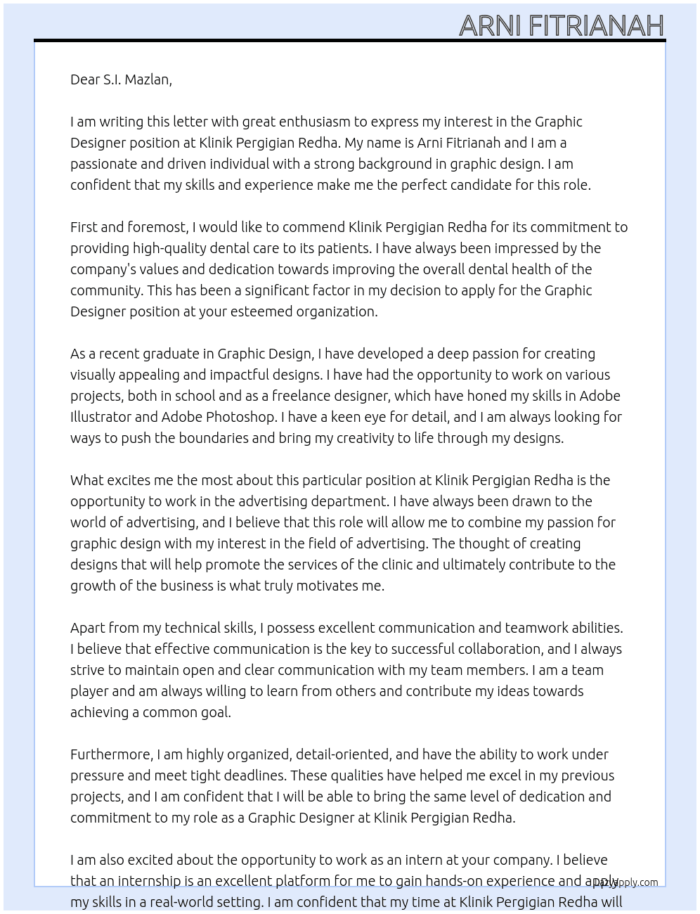 Graphic Designer At Klinik Pergigian Redha Cover Letter