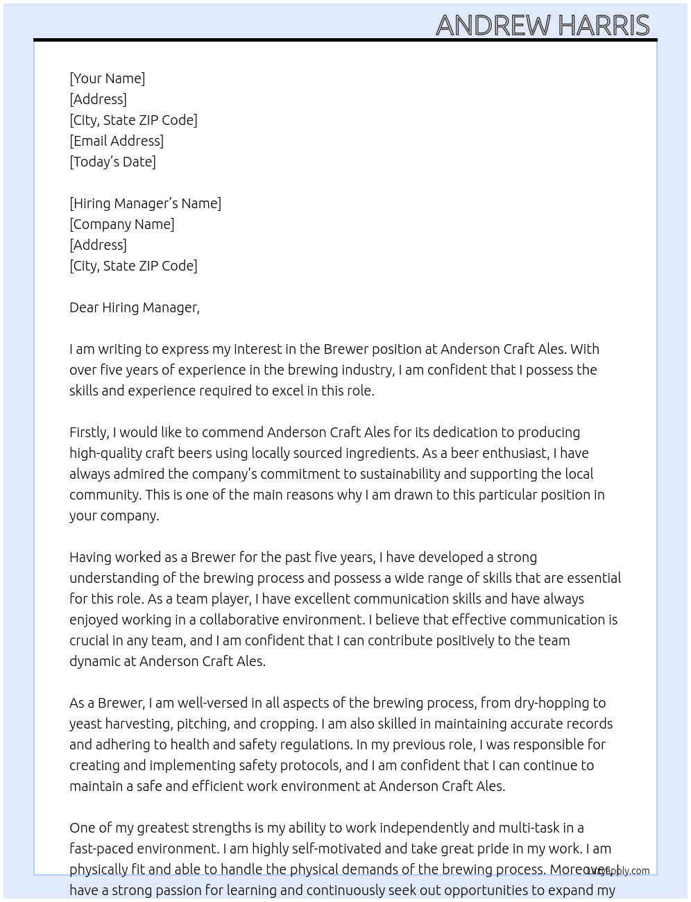 Brewer At Anderson Craft Ales Cover Letter