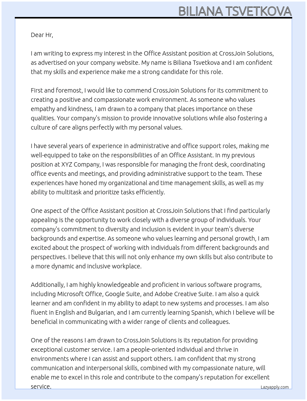 Office Assistant At CrossJoin Solutions Cover Letter