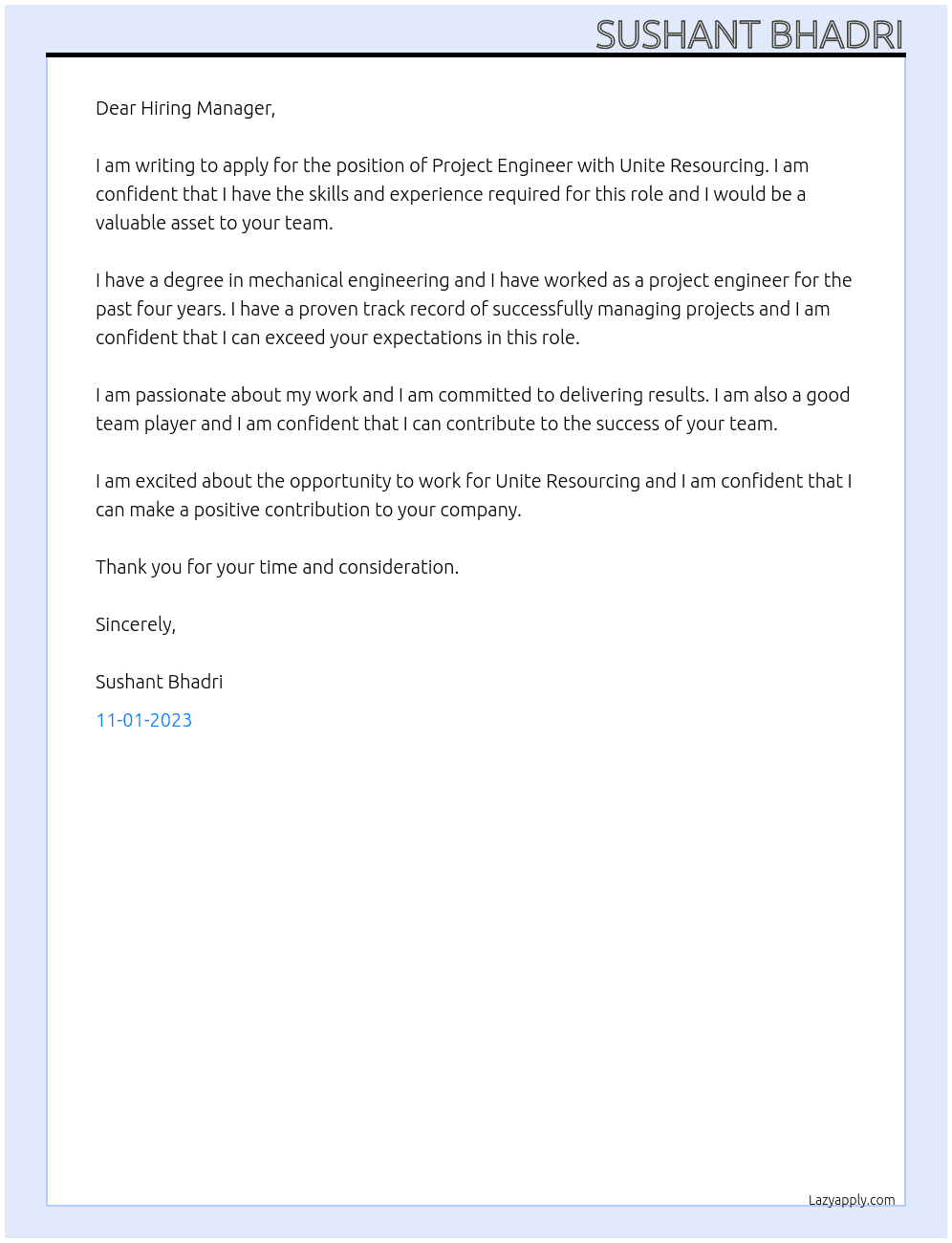 project Engineer At Unite Resourcing Cover Letter