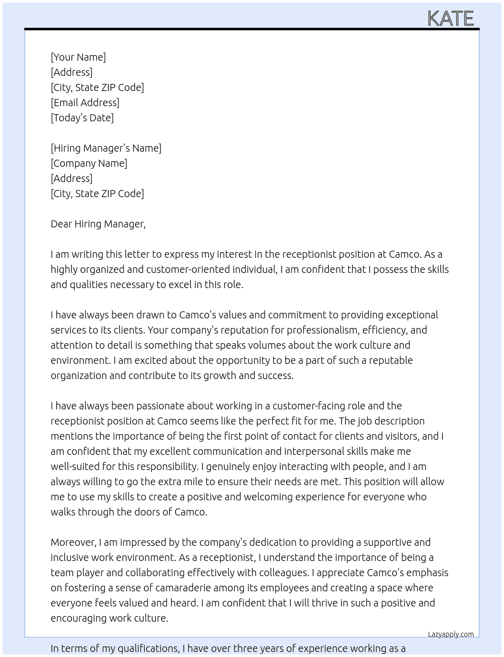 receptionist  At camco  Cover Letter