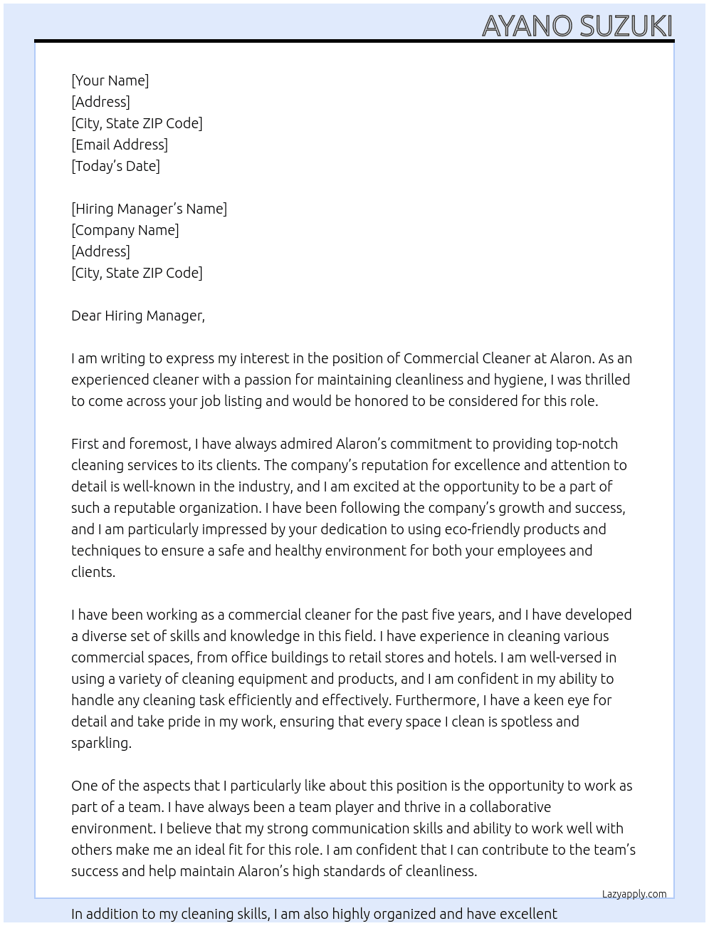 Commercial Cleaner At Alaron Cover Letter
