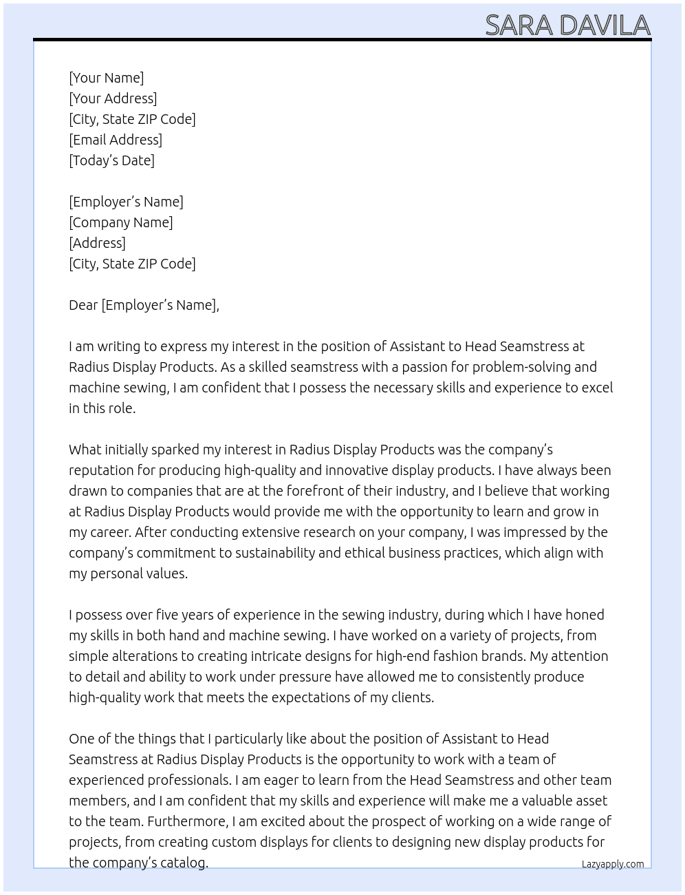Assistant to Head Seamstress At Radius Display Products Cover Letter