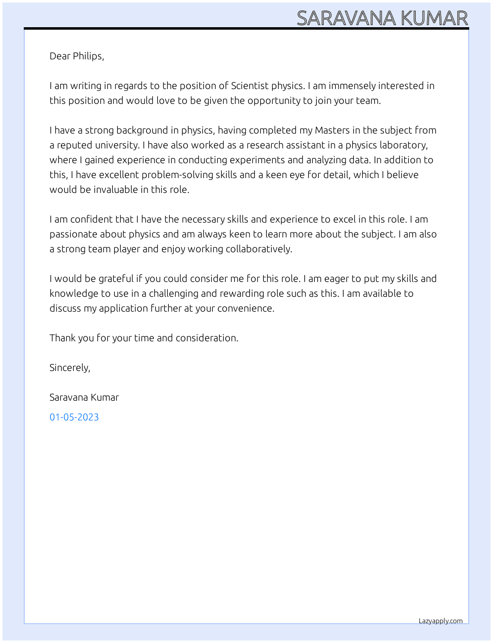 Scientist physics At Philips Cover Letter