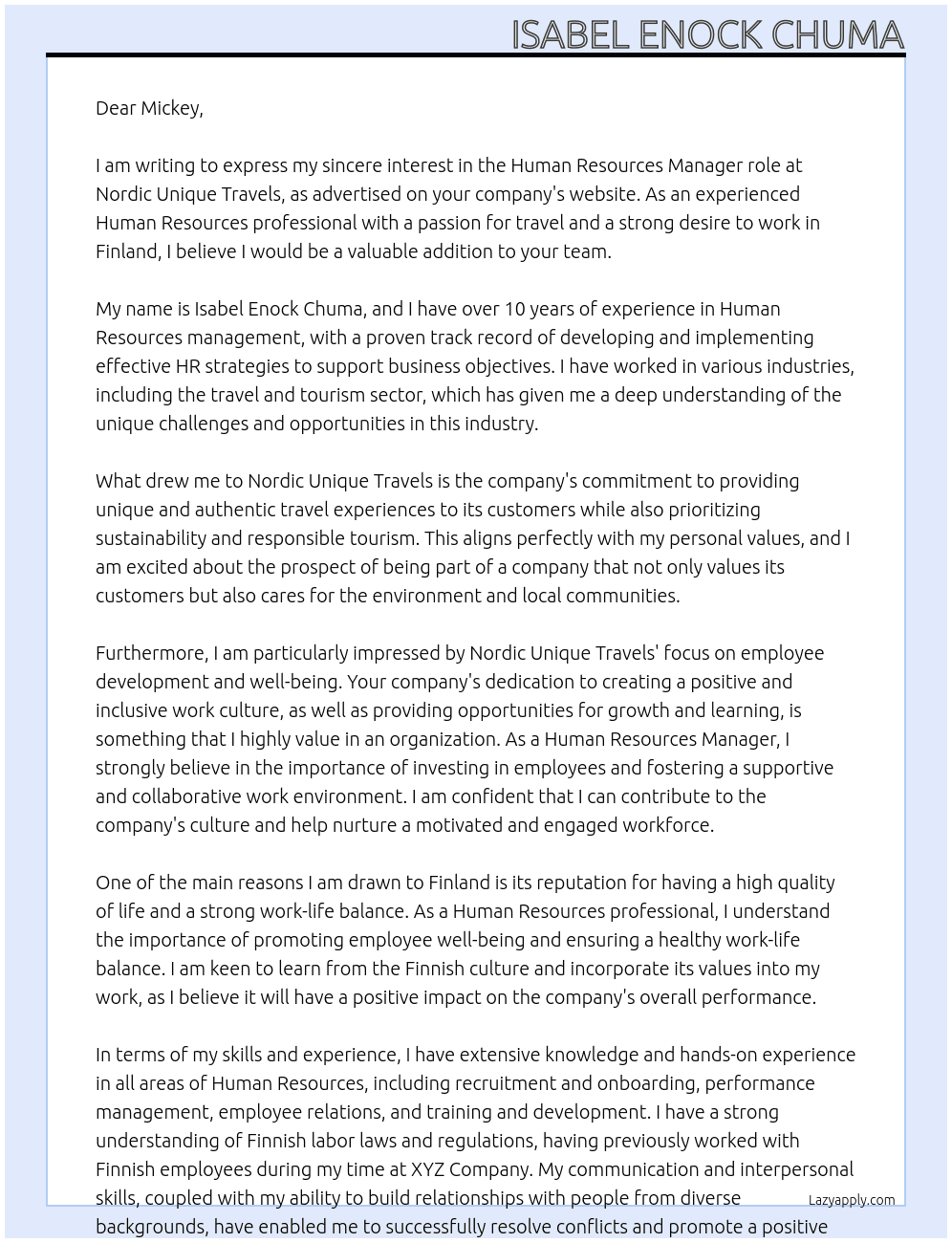 Human Resources  At Nordic Unique Travels  Cover Letter