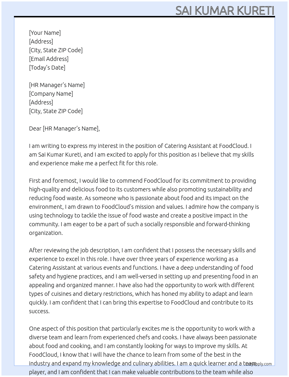 Catering Assistant  At FoodCloud Cover Letter