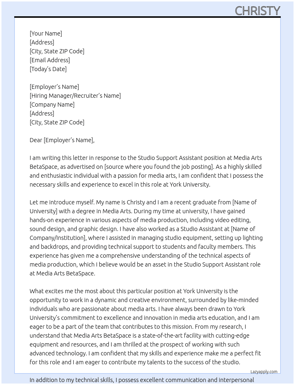Studio Support Assistant - Media Arts BetaSpace At York Univeristy Cover Letter
