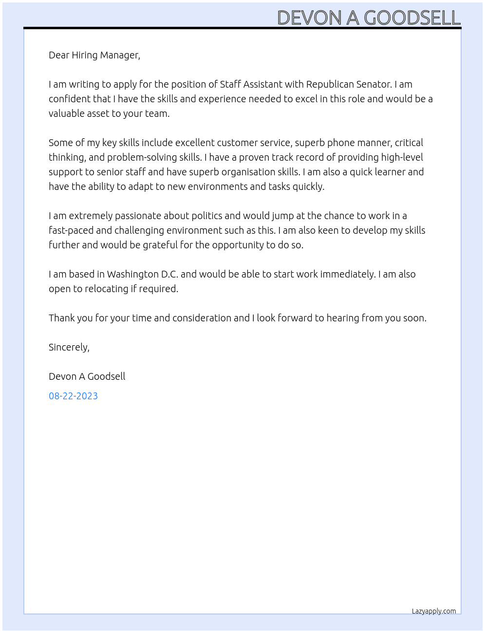 Staff Assistant At Republican Senator Cover Letter