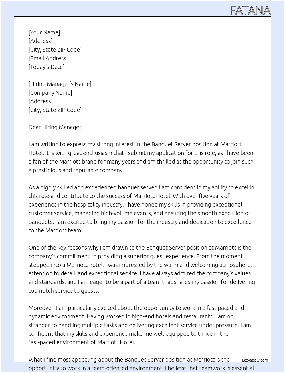 Banquet server At Marriott hotel Cover Letter