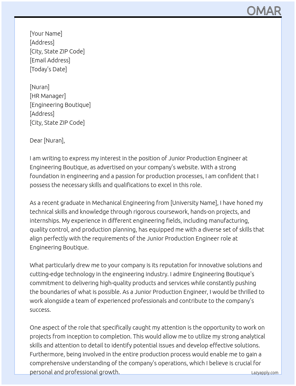 Junior Production Engineer At Engineering Boutique Cover Letter