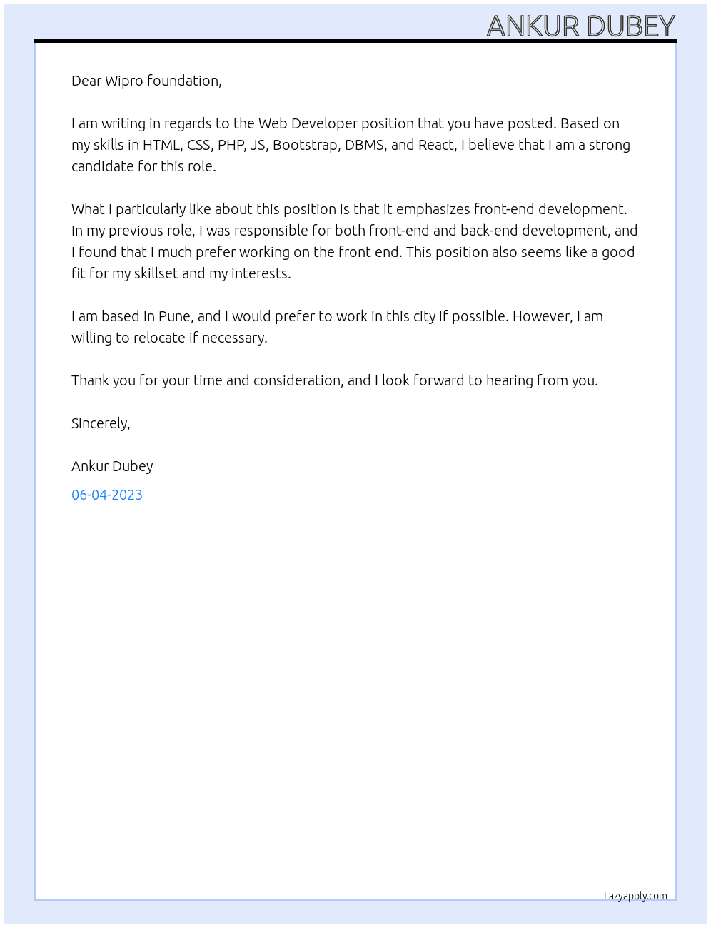 Web Developer  At Wipro foundation  Cover Letter