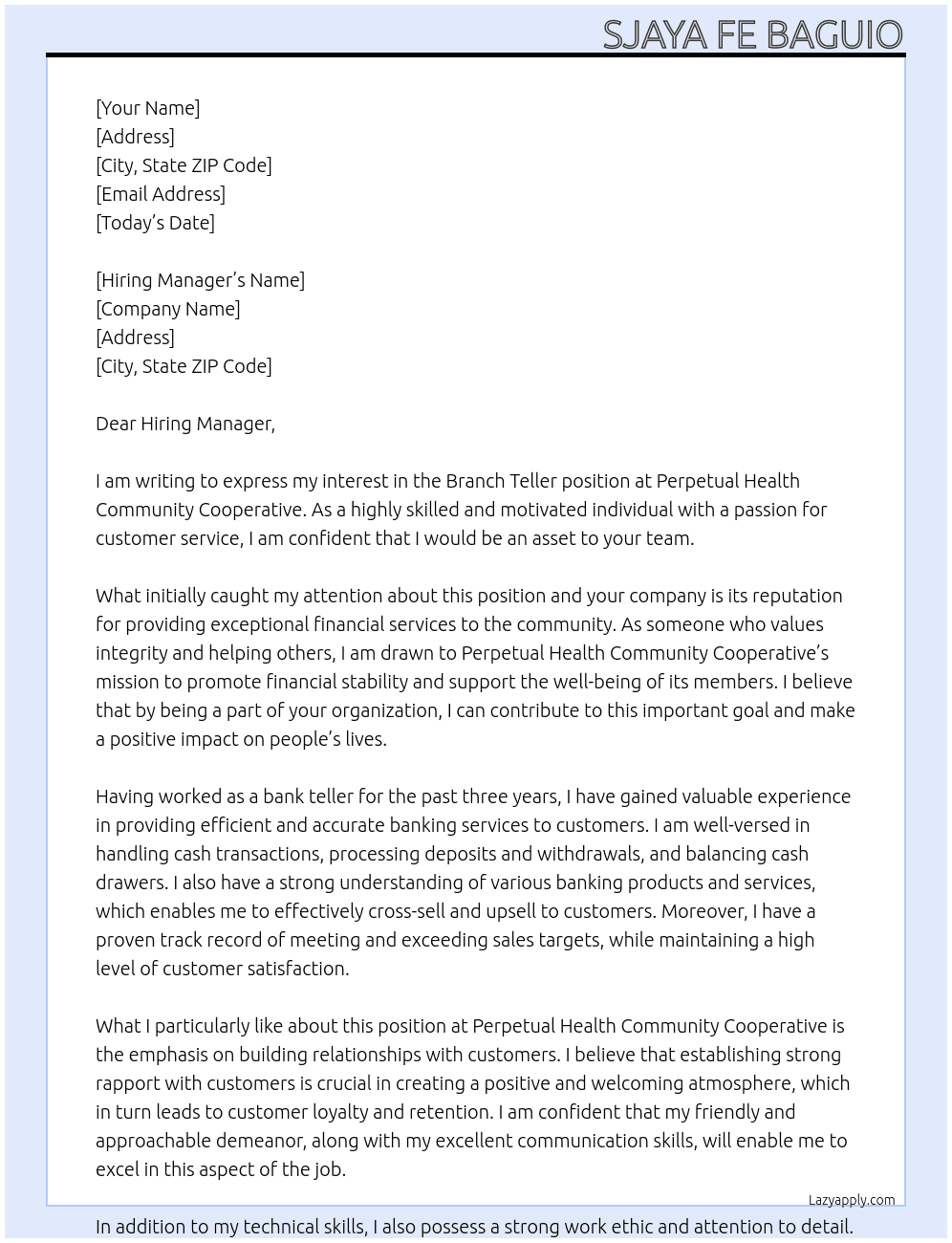 Branch Teller At Perpetual Health Community Cooperative Cover Letter