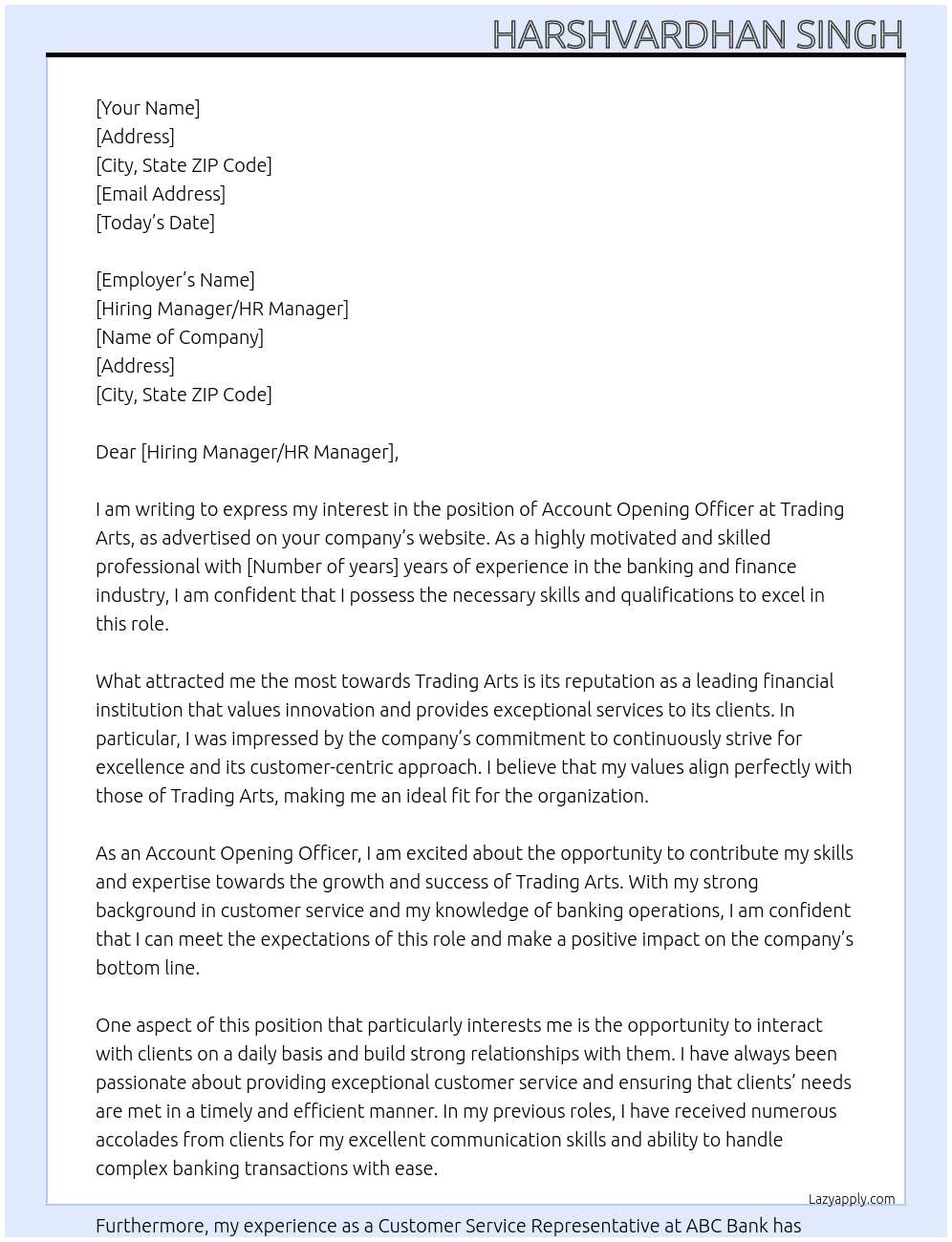 Account opening officer At Trading arts Cover Letter